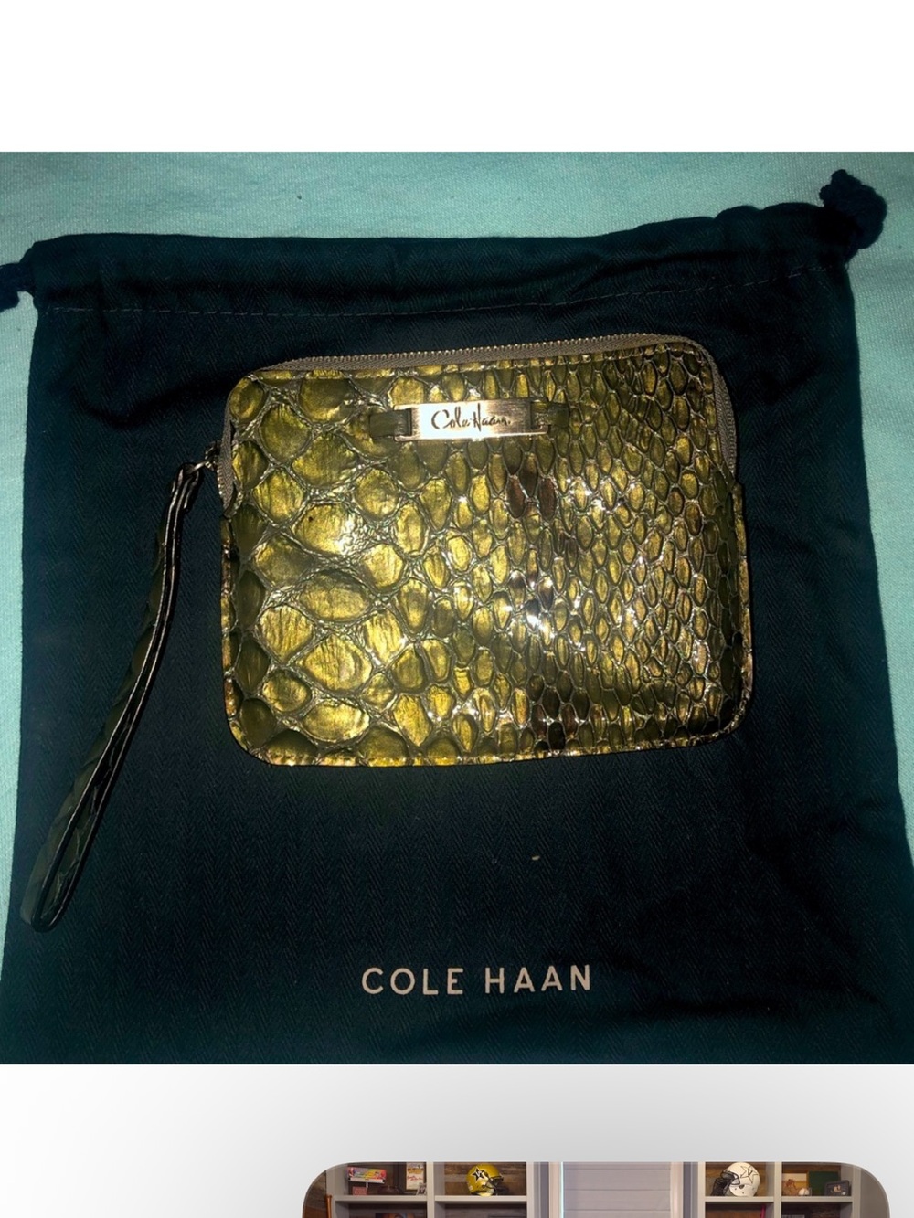 ⭐️Cole Haan Metallic Olive Green Snake-Embossed Clutch
